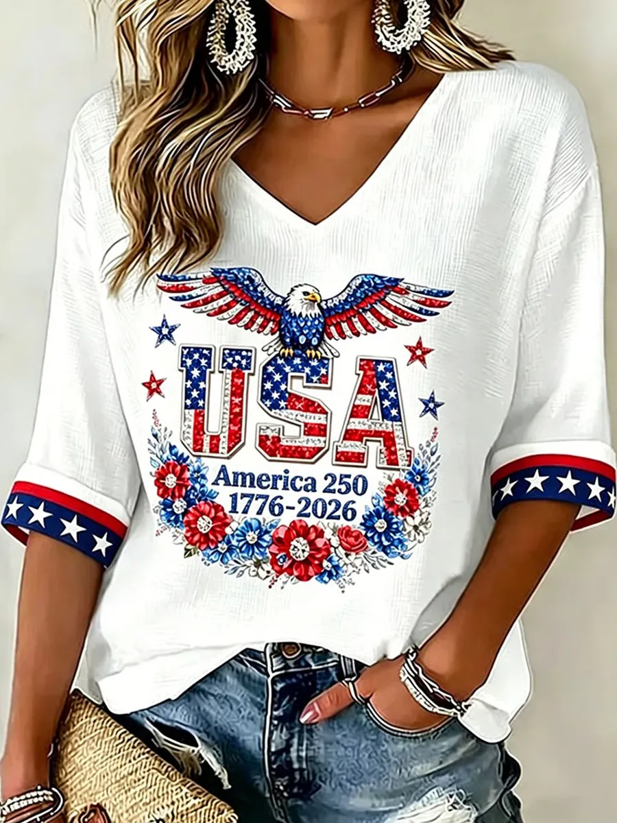 Women's U.S. 250th Anniversary Floral Art Print Casual Top