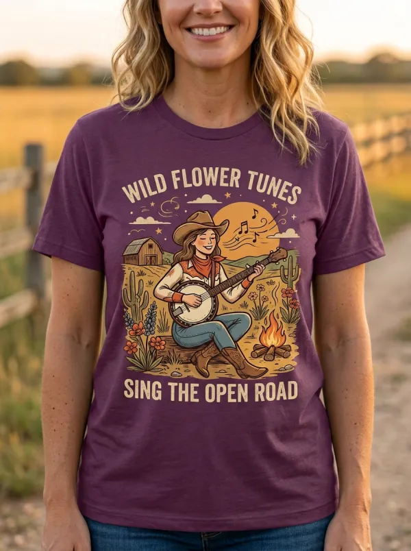 Western-Inspired Banjo Cowgirl Women's Country Music Crew-Neck T-Shirt