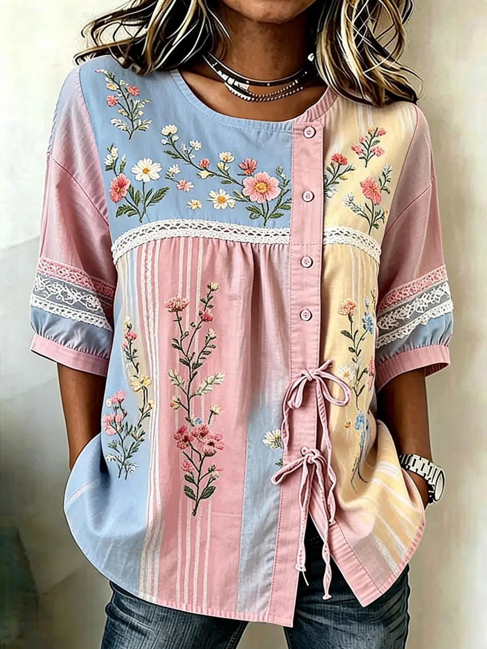 Women's casual floral cotton linen short sleeved shirt