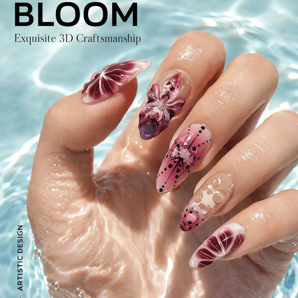 Nailhour 30Pcs Purple 3D Floral Resin Medium Almond Press On Nails