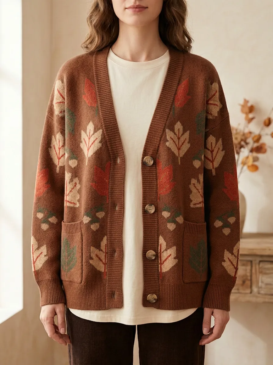 Botanical Maple Leaf Acorn Pattern Patterned Women's Knit Cardigan