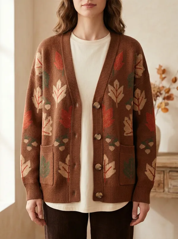 Botanical Maple Leaf Acorn Pattern Patterned Women's Knit Cardigan