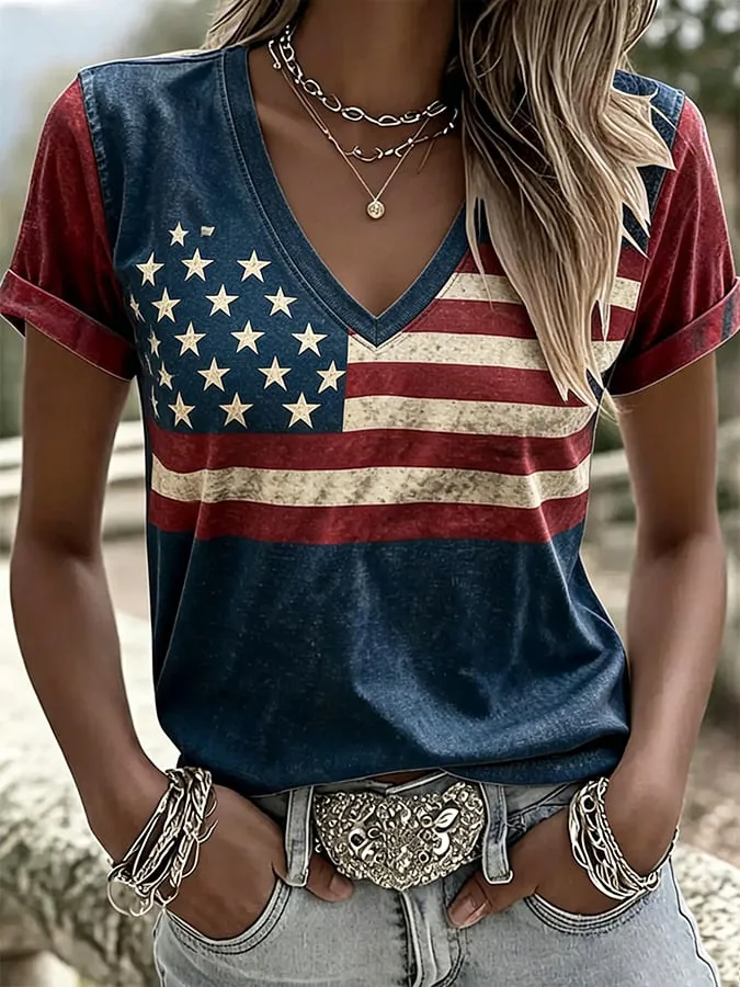 Women'S America Flag Print Casual V-Neck T-Shirt