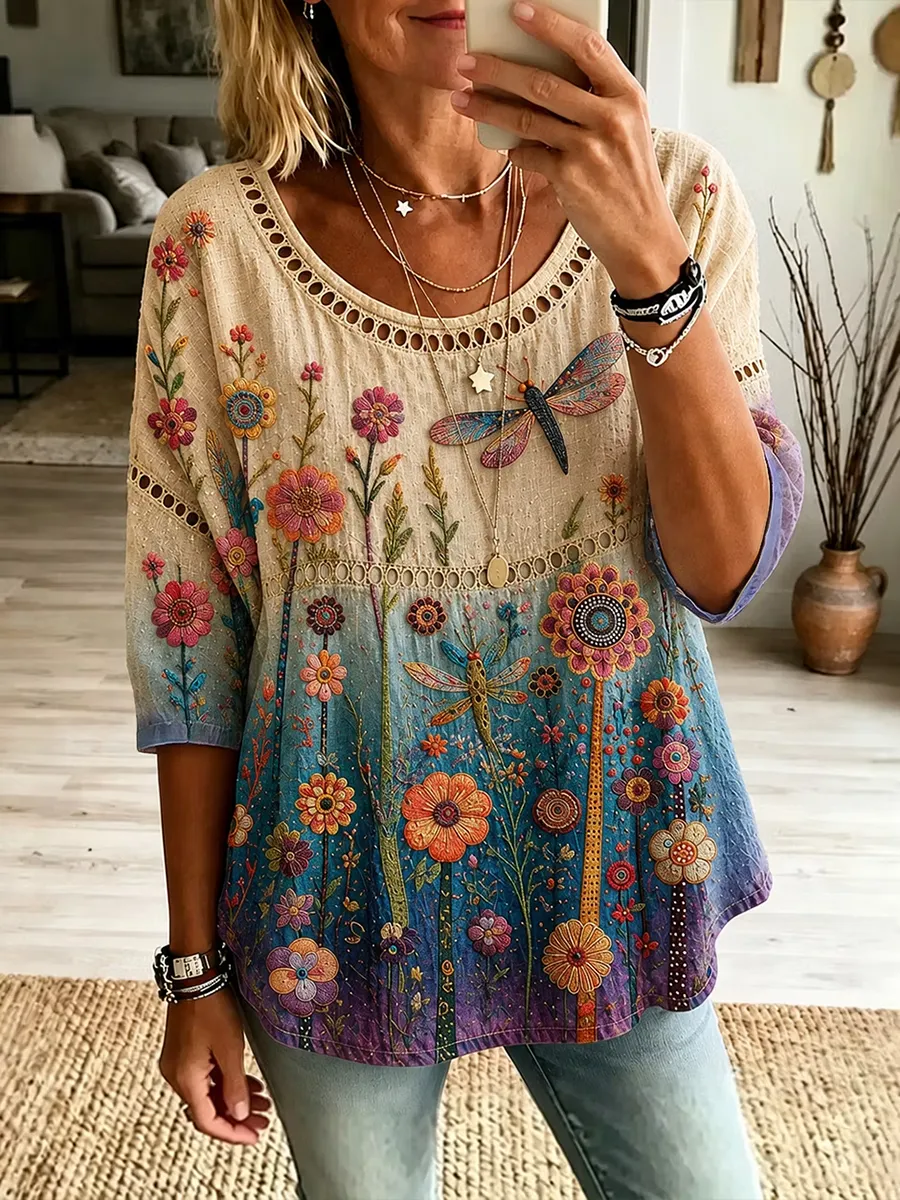 Women's Casual Plant Flower Hollow Top