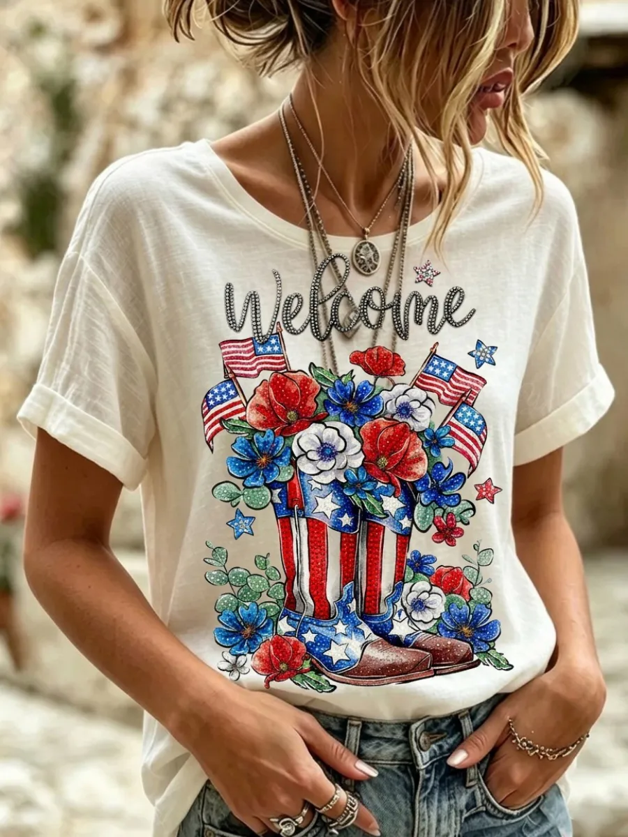 American Independence Day Western Boot Print Women's Linen T-Shirt