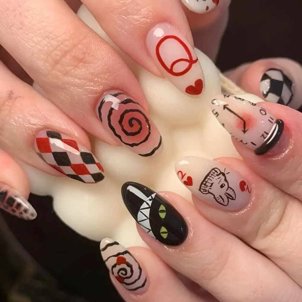 Nailhour 24Pcs Halloween Medium Almond Gothic Roses Design  Press On Nails