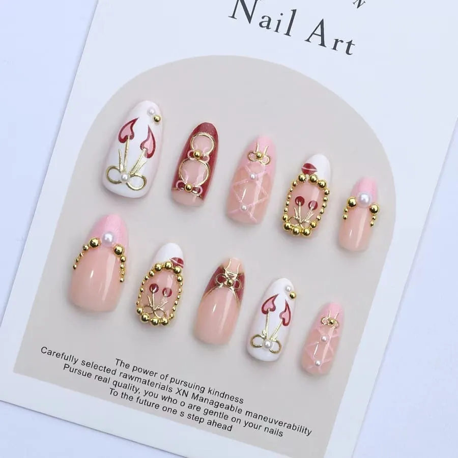 Nailhour 30Pcs Gilded Bow 3D Medium Almond French Press On Nails