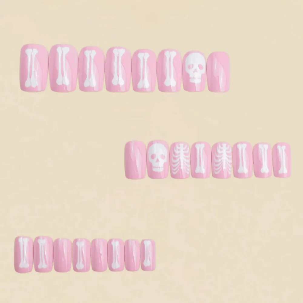 Nailhour 24Pcs Halloween Short Square Y2K Skull & Rib Press On Nails