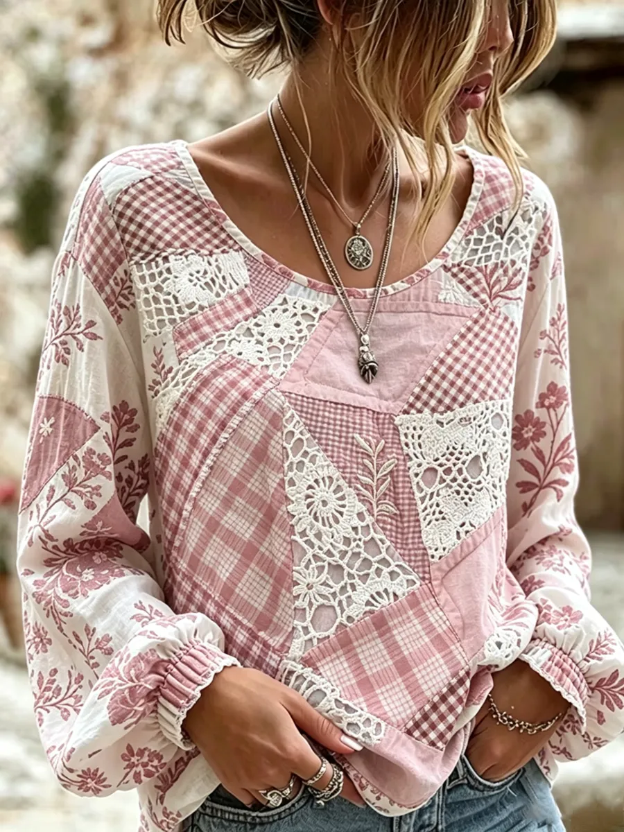 Retro Plant And Flower Pattern Patchwork Design Casual Linen Top