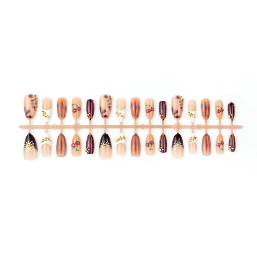 Nailhour 30Pcs Gilded 3D Cherry Medium Almond French Press On Nails
