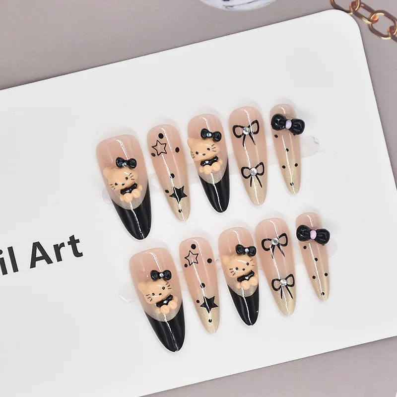 Nailhour 10Pcs Black 3D Vintage Polka Dots Kitty Long Almond Press On Nails