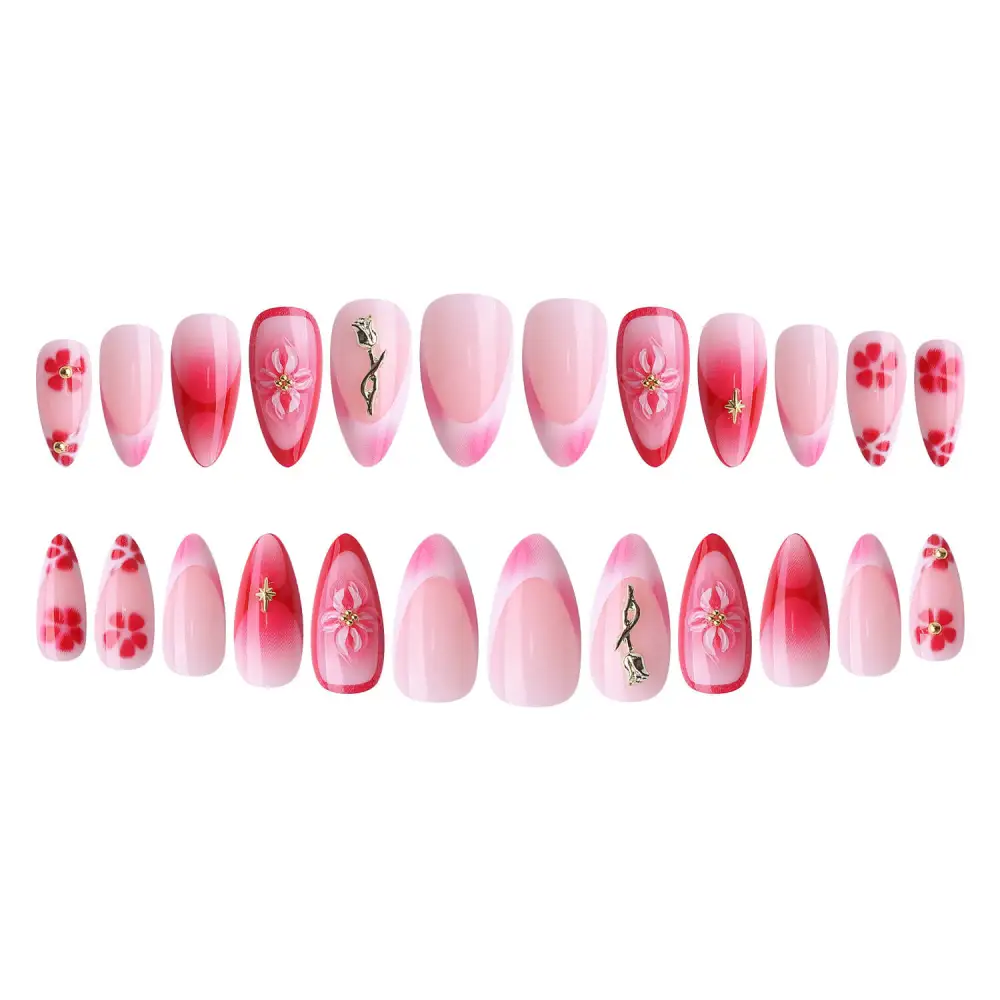 Nailhour Long 3D Floral French Summer 24 Pcs Pink Almond Press On Nails