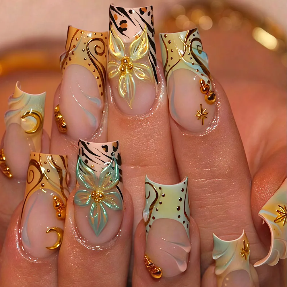 Nailhour 3D Green Floral 24Pcs 3D French Press On Nails