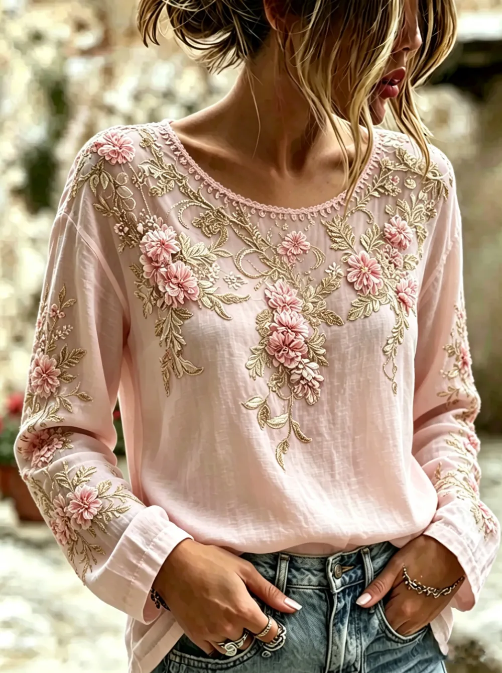 Women'S Casual Cotton Linen Flower Personality Printing Long Sleeve Round Neck T-Shirt