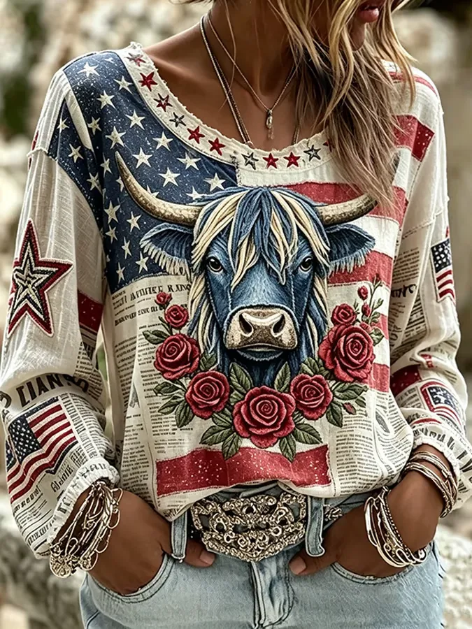 Women's casual Independence Day retro cotton and linen shirt