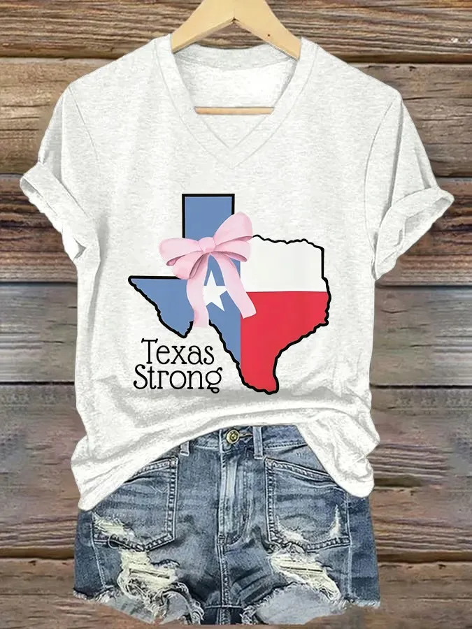 V Neck Retro Texas Strong Bow Print T-Shirt