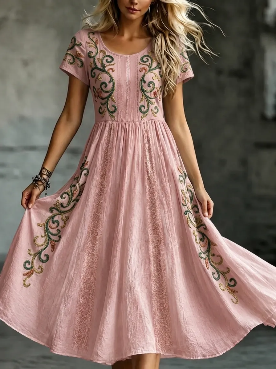 Women's Breast Cancer Awareness Floral Embroidery Printed Dress