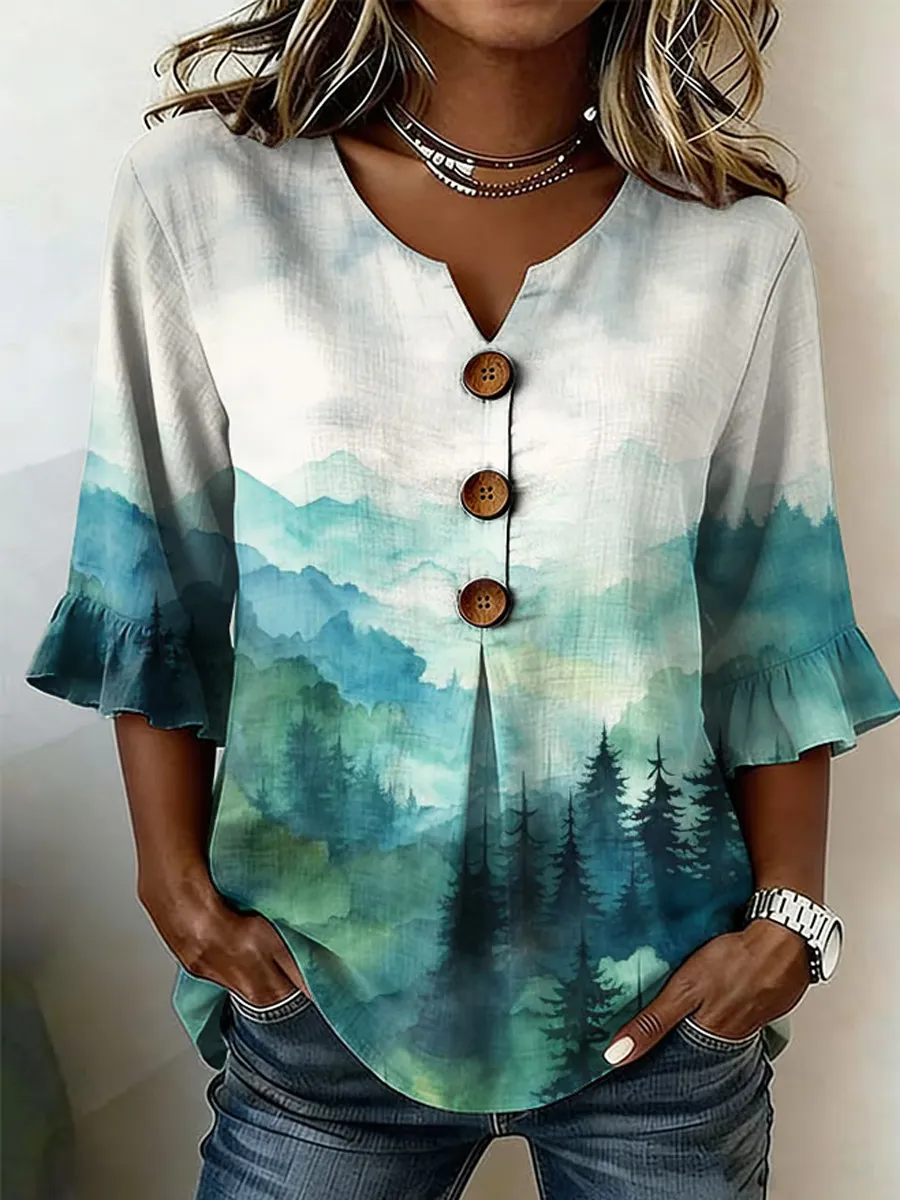 Women's Retro National Park Design Lapel Shirt