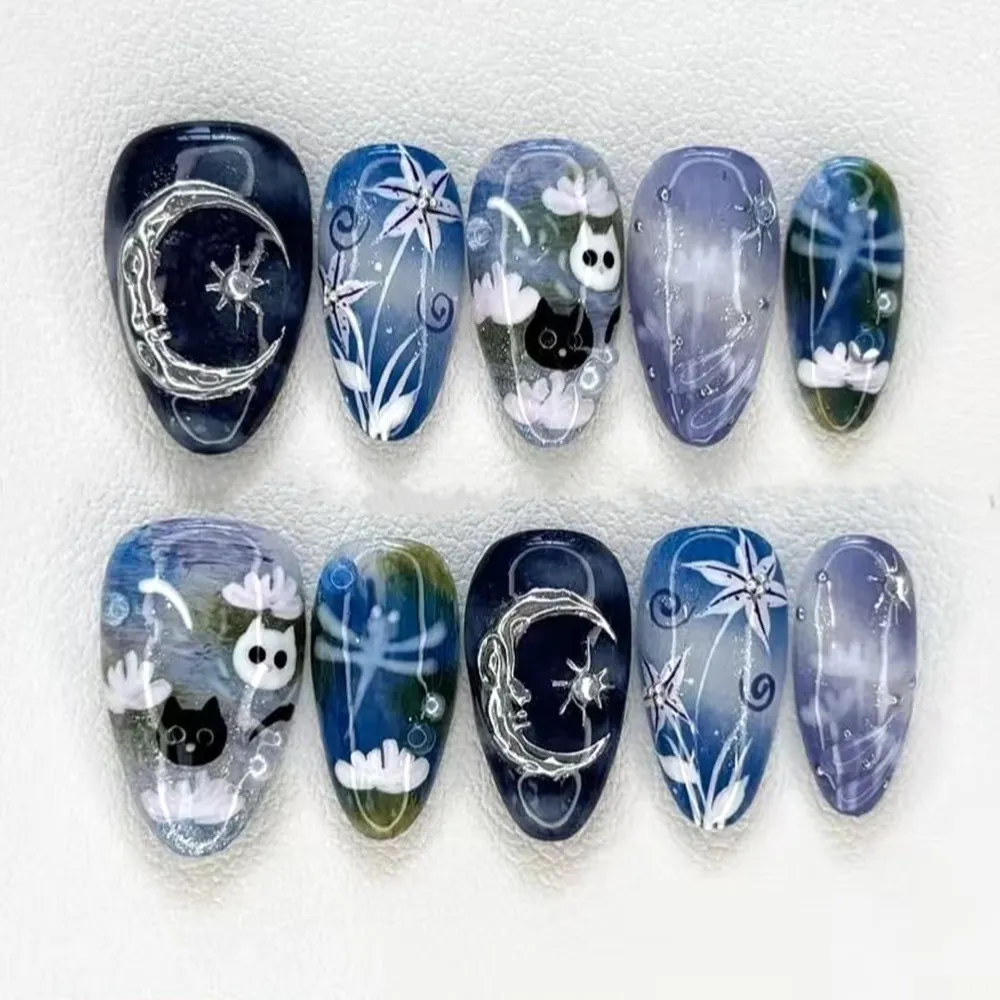 Nailhour 3D Ghost Cat Almond Nail Art Moon Flower Design 30Pcs Press On Nails