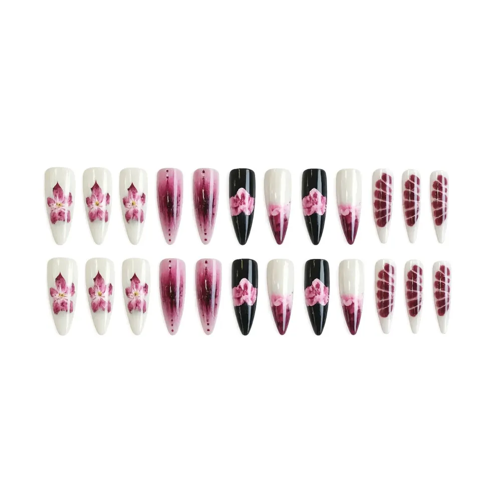 Nailhour 24Pcs Long Almond French Floral 3D Press On Nails
