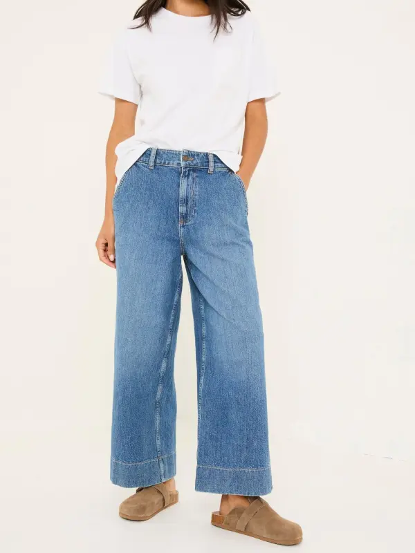 Casual Blue Denim Wide Leg Crop Jeans