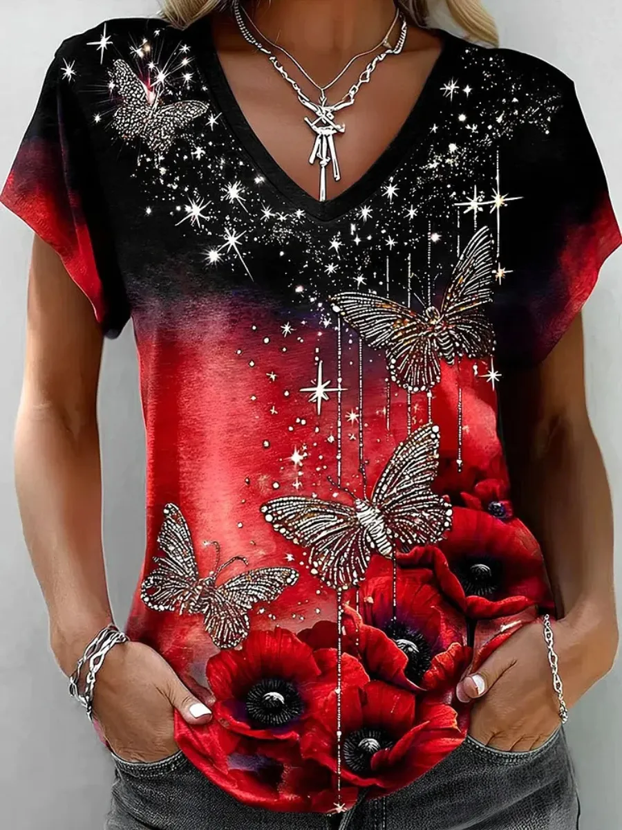 Women's Retro Red Friday Floral Art Print Casual T-Shirt
