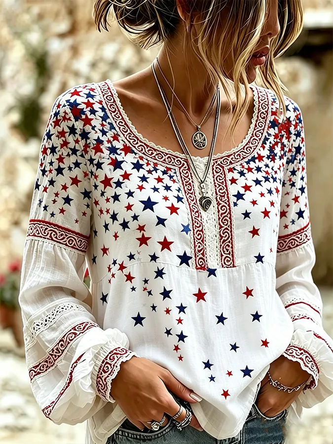 Women'S American Flag Star Printed Long Sleeve Casual Shirt