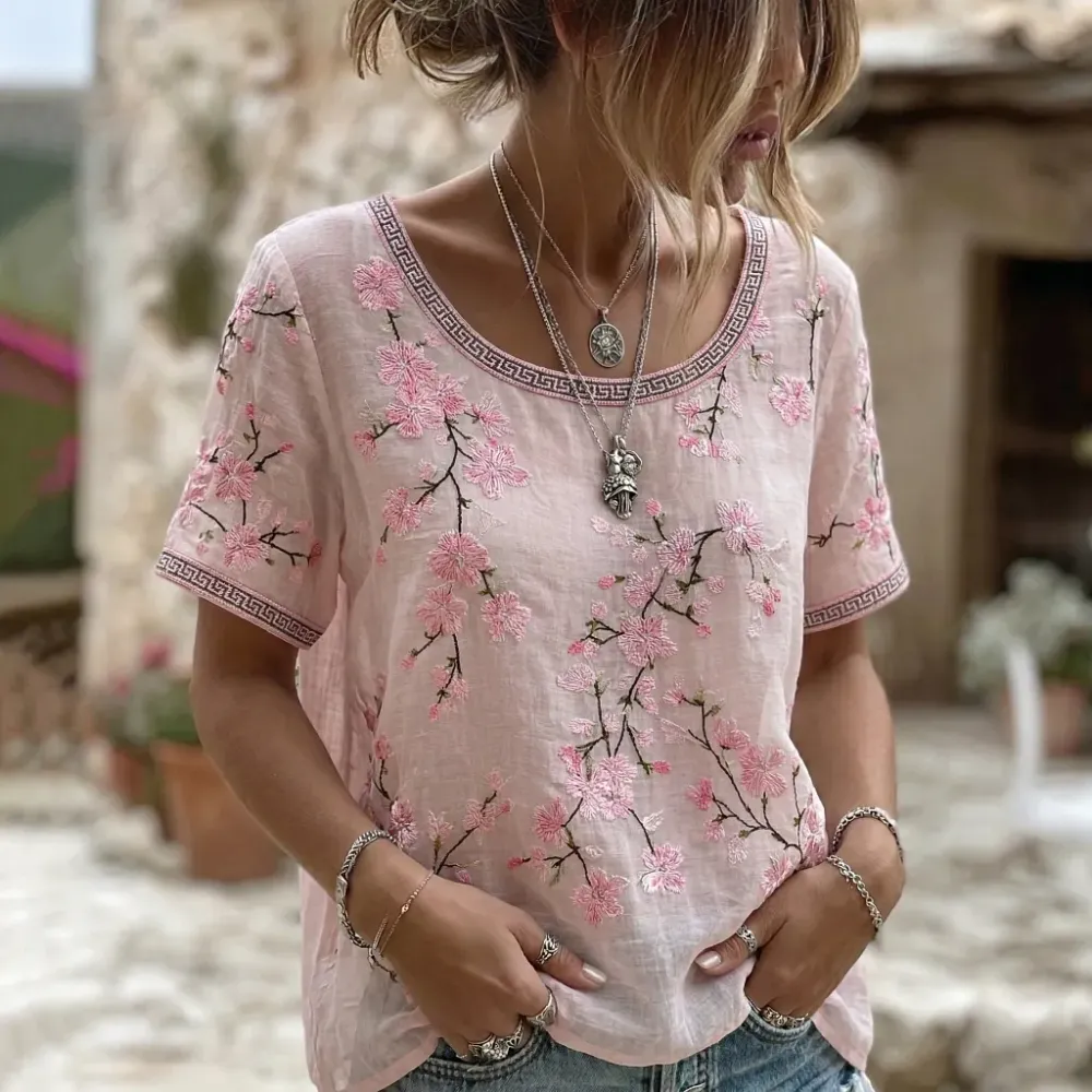 Women'S Casual Floral Print Cotton And Linen Round Neck Top