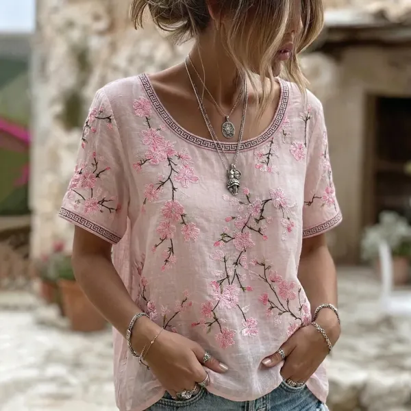 Women'S Casual Floral Print Cotton And Linen Round Neck Top