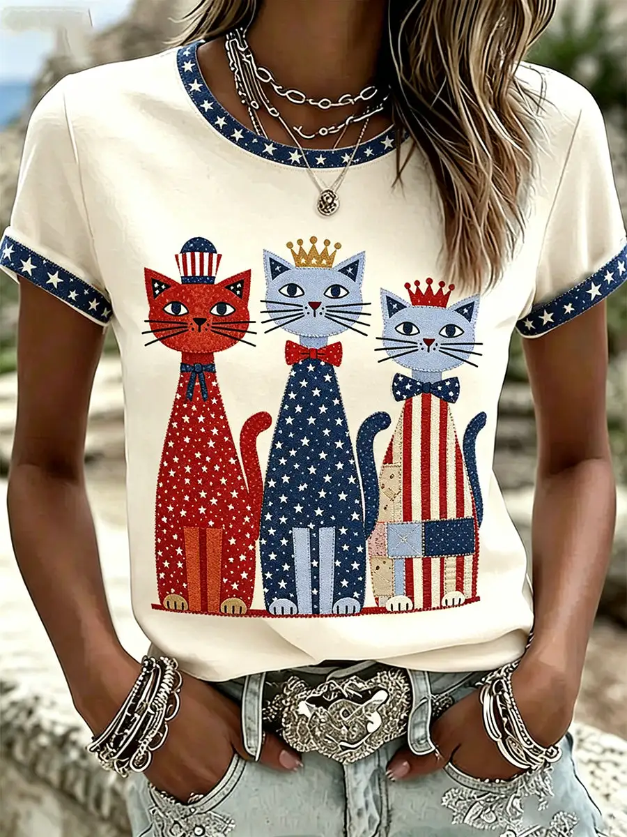Women's 250th Anniversary Animal Cat Printed Casual T-shirt