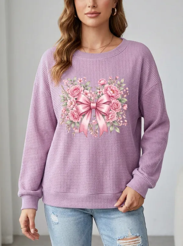 Women's Breast Cancer Awareness Pink Ribbon Floral Heart Printed Waffle Knit Sweatshirt
