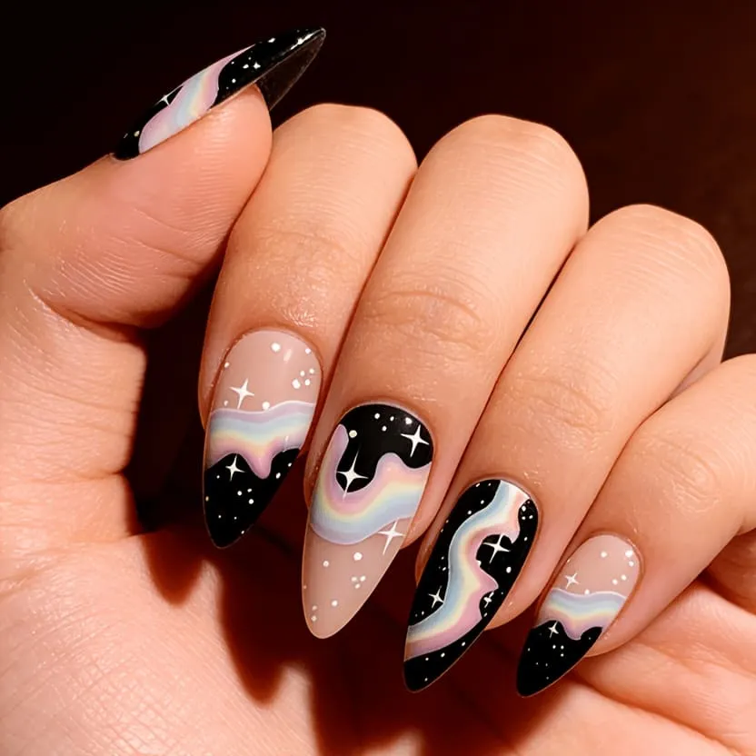 Nailhour 24Pcs Multicolor French Summer Medium Almond Press On Nails