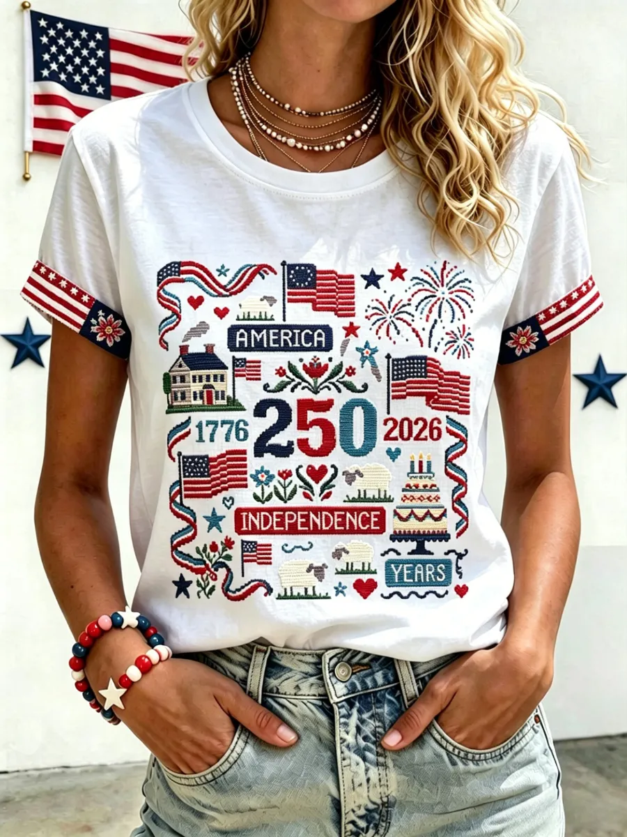 Women'S 250Th Anniversary Cross Embroidery Printed T-Shirt