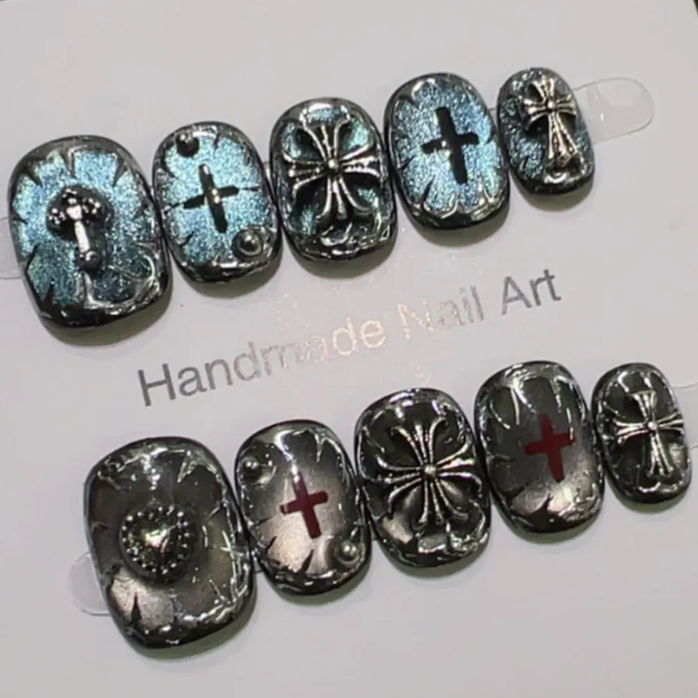 Nailhour 24Pcs 3D Party Gothic Cat Eye Short Squoval Press On Nails