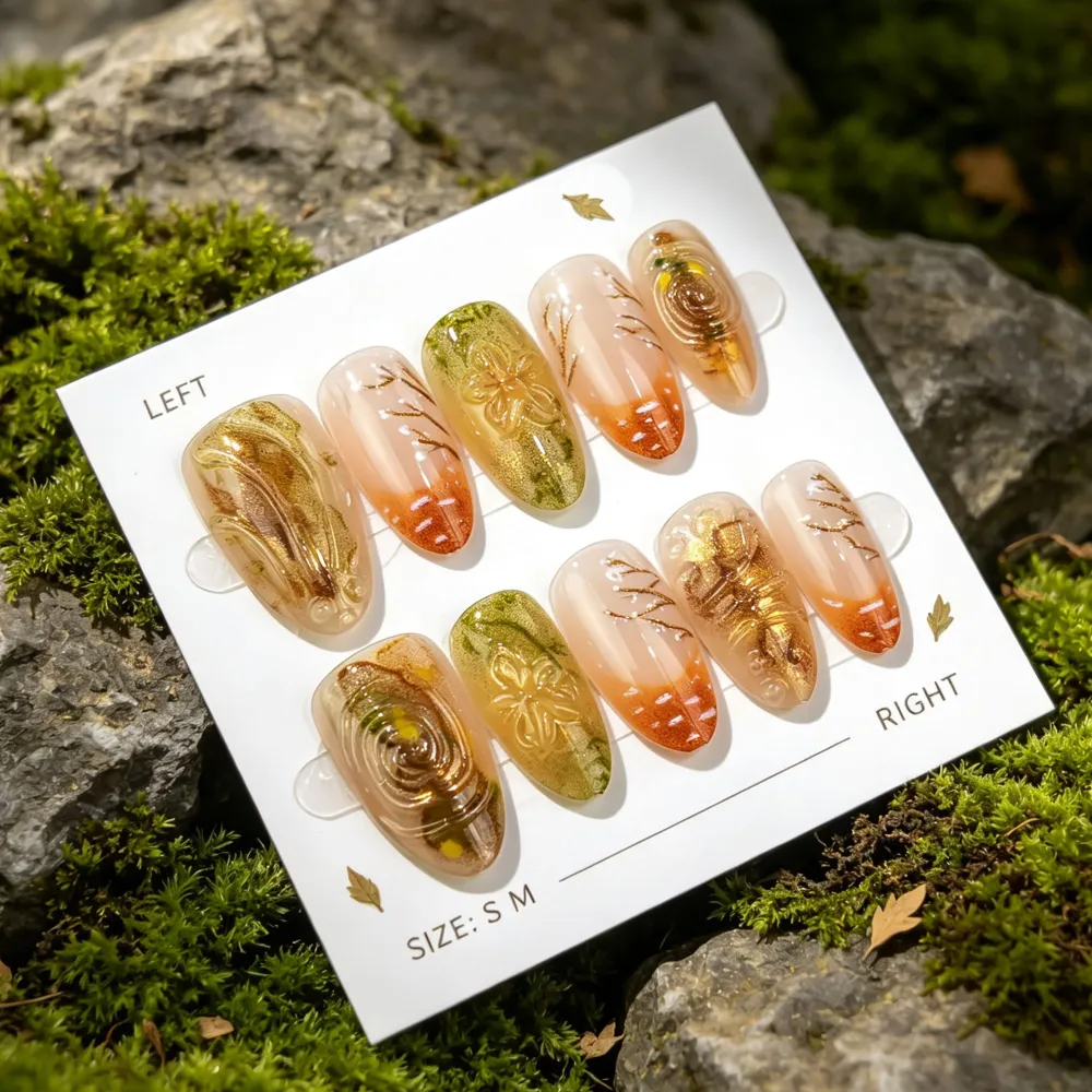 Nailhour 30Pcs 3D Floral Autumn French Gilded Medium Almond Press On Nails