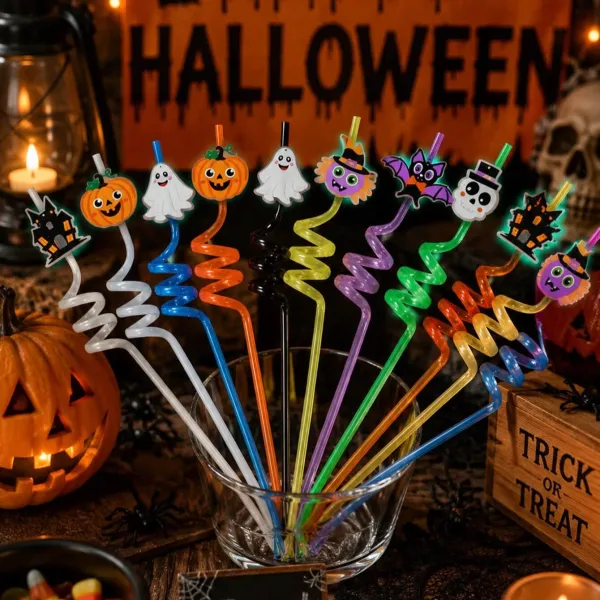12Pcs Halloween Theme Night Light Decorative Straws