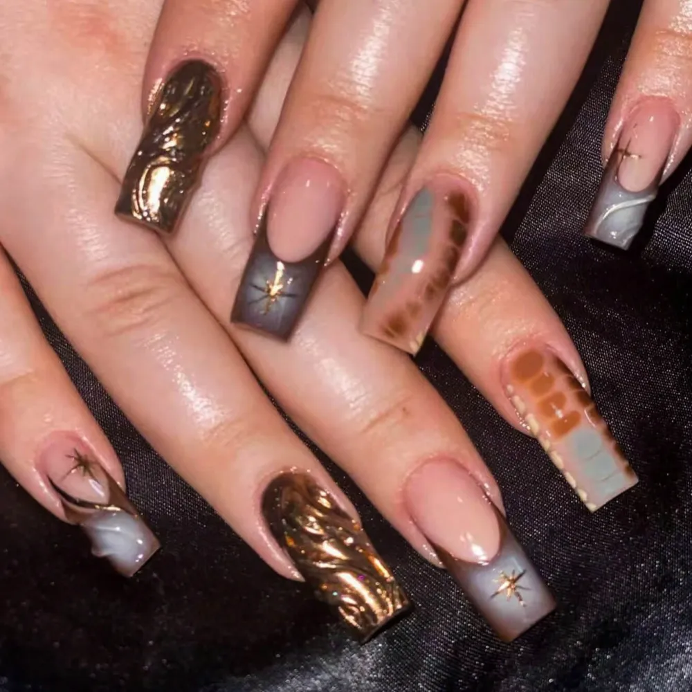 Nailhour 24Pcs French Gilded Glitter Long Square Press On Nails