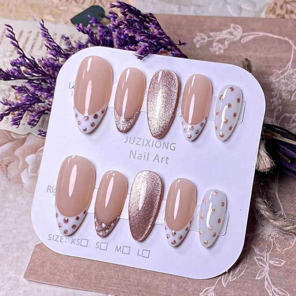 Nailhour 10Pcs French Cat Eye Medium Almond Press On Nails