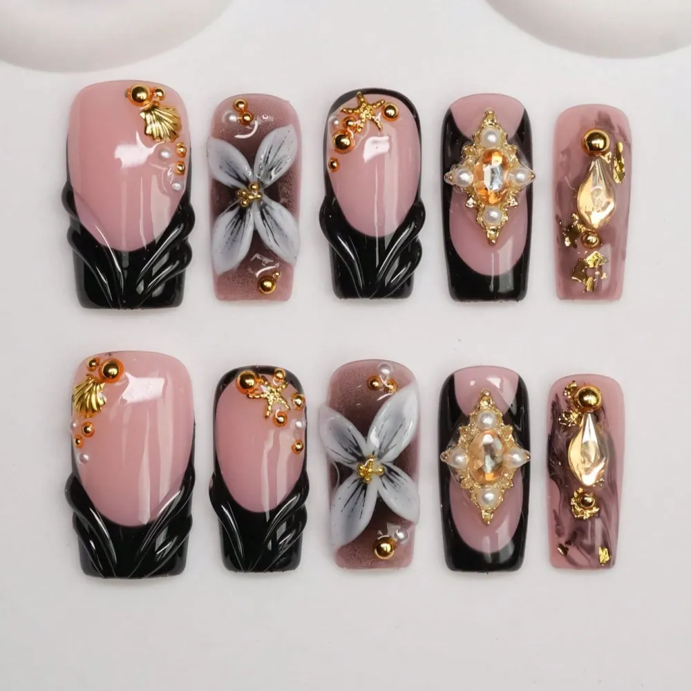 Nailhour 10Pcs Handmade French Gilded  Square Press On Nails