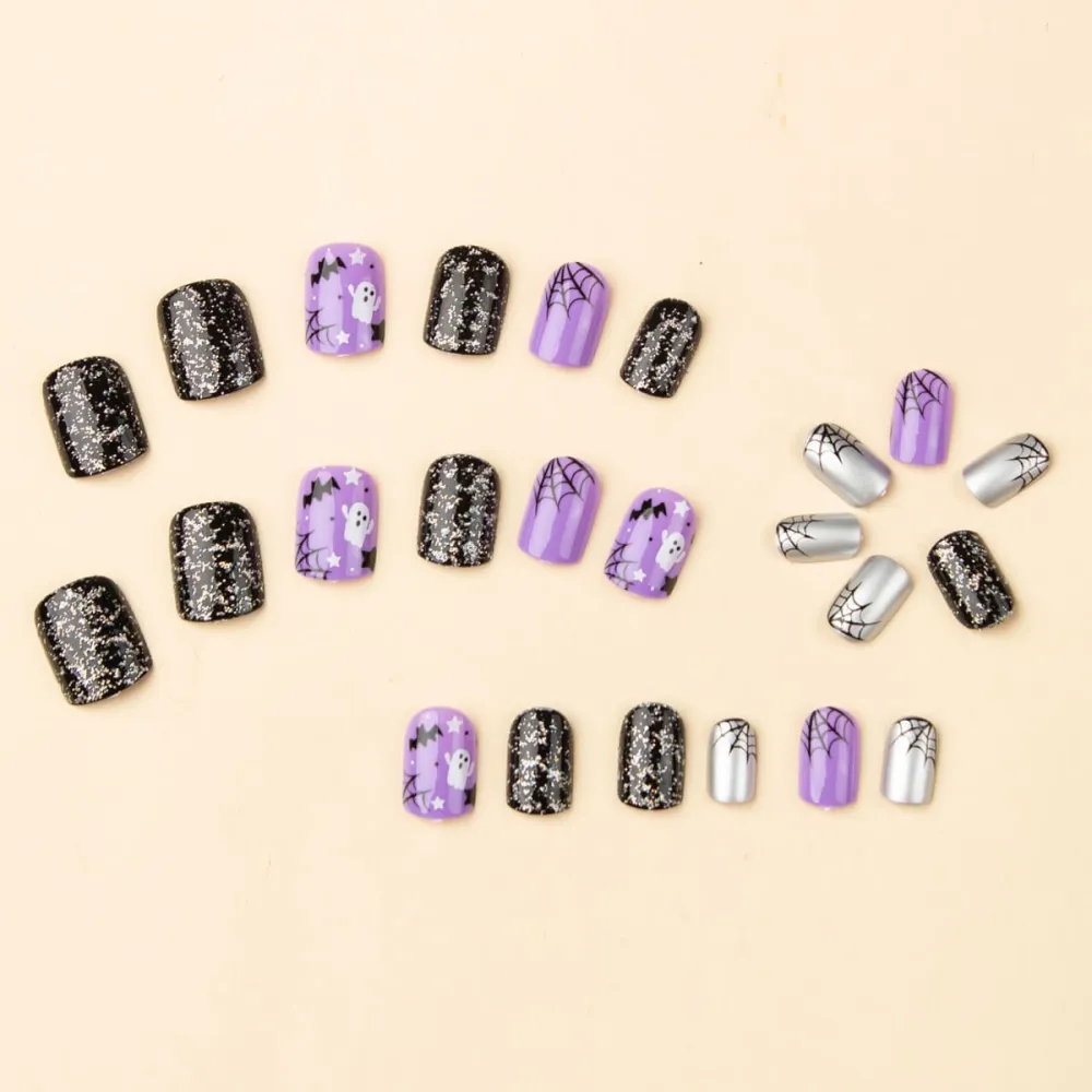 Nailhour 24Pcs Halloween Ghost Spider Web Glitter Short Squoval Press On Nails