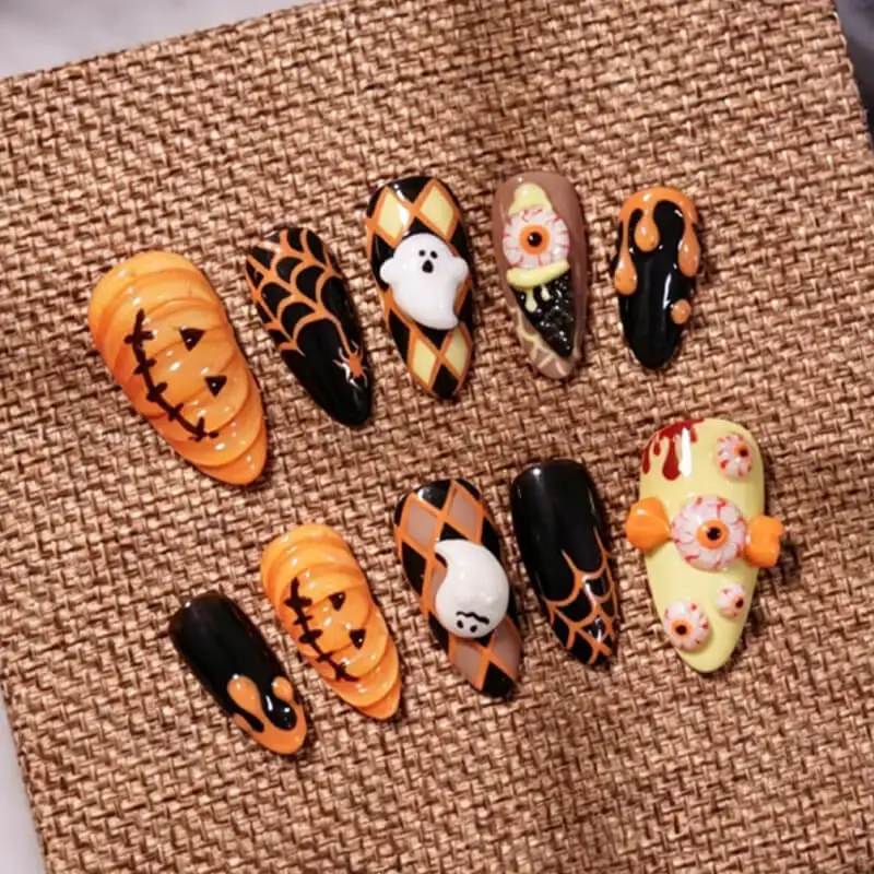 Nailhour 30Pcs 3D Resin Halloween Medium Almond Press On Nails