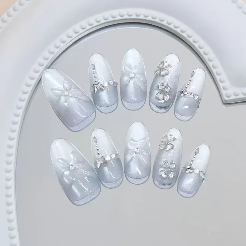 Nailhour 10Pcs French Blue Gradient  Rhinestone Medium Almond Press On Nails