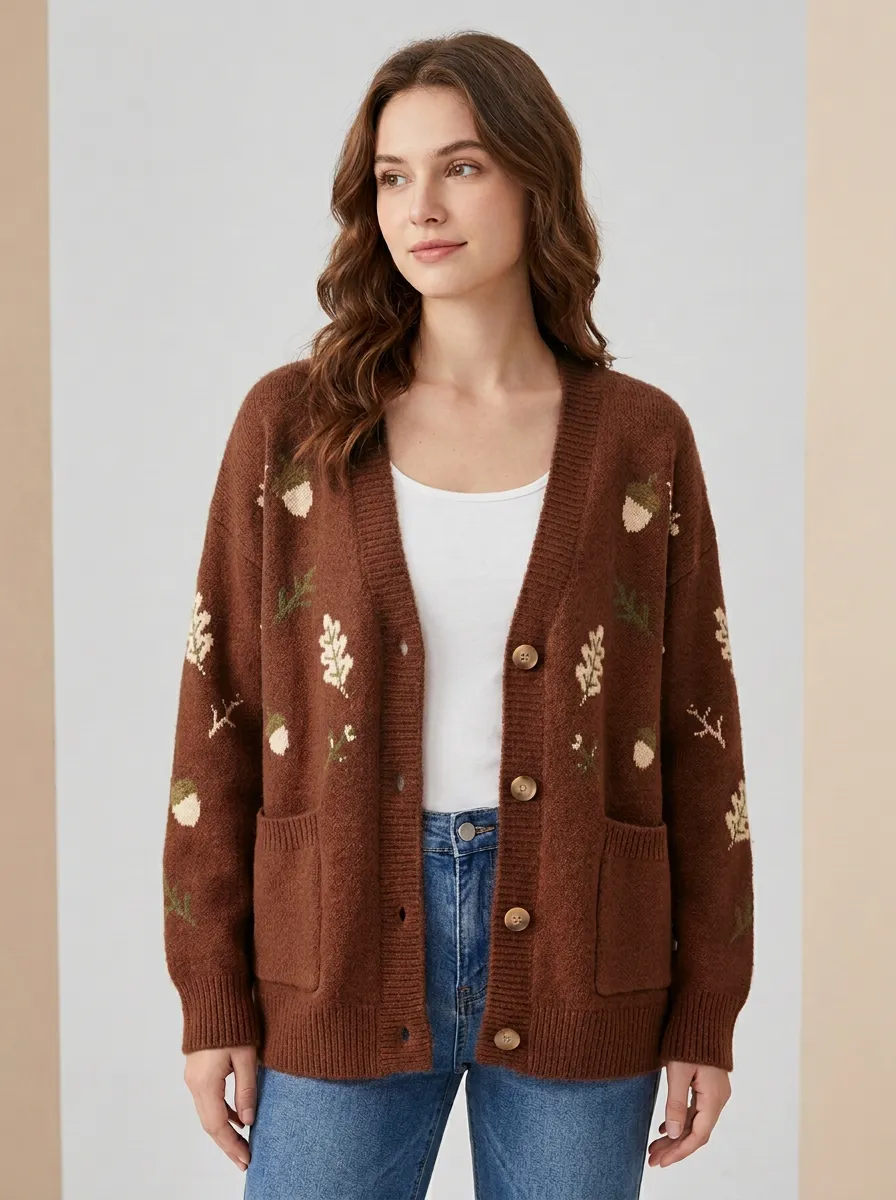 Botanical Acorn Oak Leaf Patterned Women's Knit Cardigan