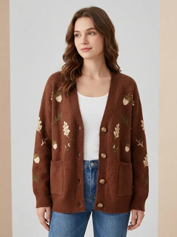 Botanical Acorn Oak Leaf Patterned Women's Knit Cardigan
