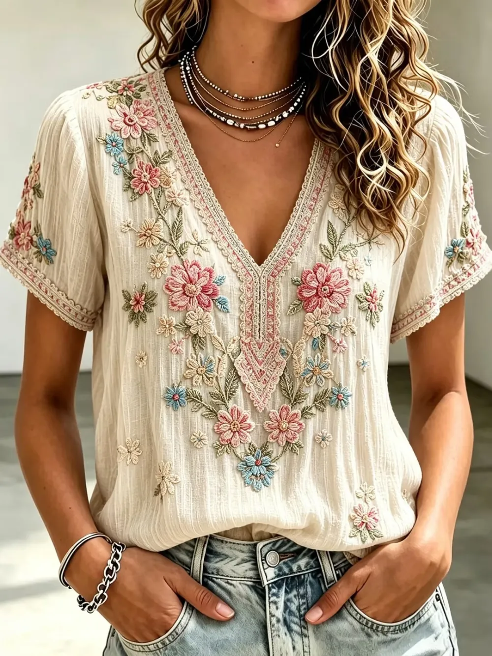 Women's Retro Floral Embroidered Art Pattern V Neck T-shirt