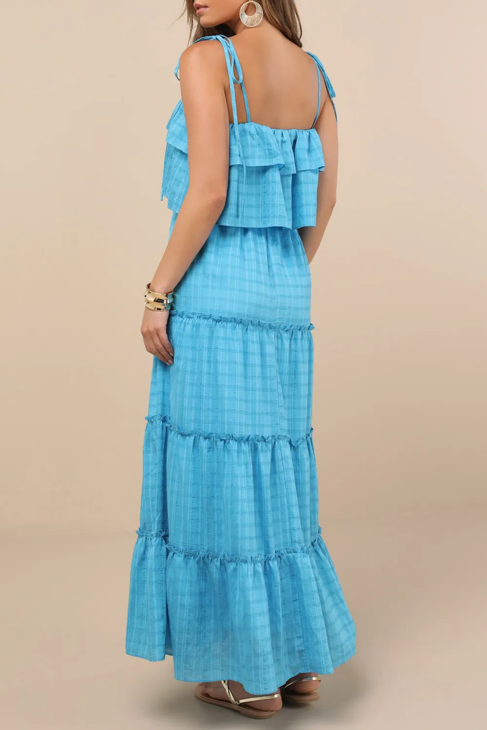 Casual Style Aqua Blue Textured Tie-Strap Tiered Maxi Dress