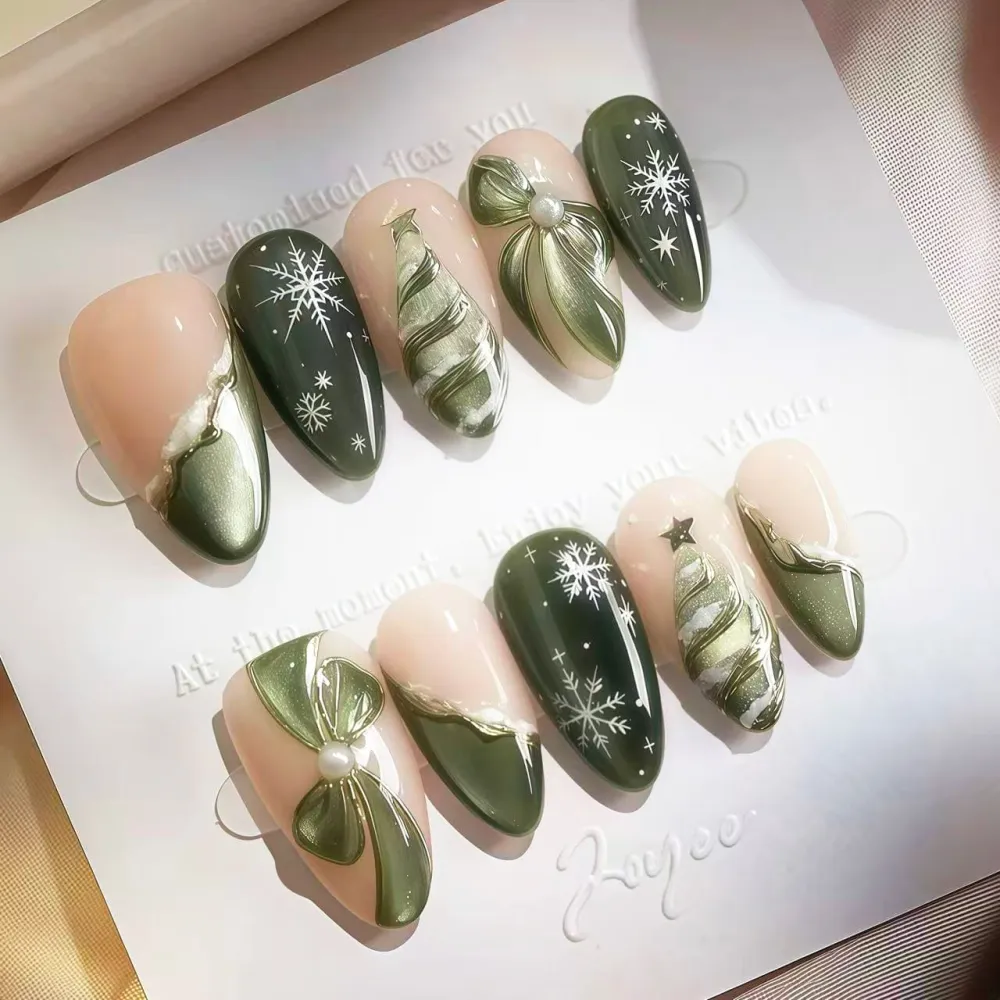 Nailhour 30Pcs Green Christmas Medium Almond French Press On Nails