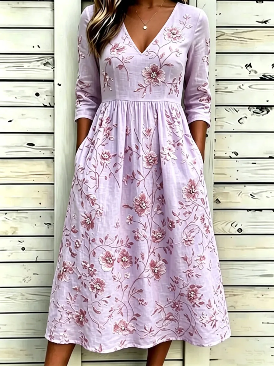 Women'S Cotton And Linen Casual Printed Dress