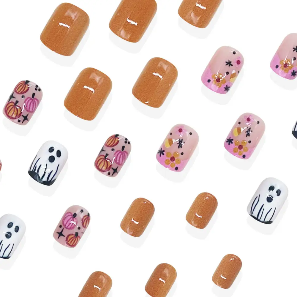 Nailhour 24Pcs Halloween Short Squoval Floral Ghost Press On Nails