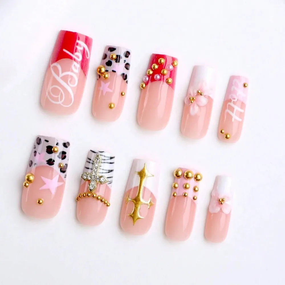 Nailhour 24Pcs 3D Long Square Rhinestone Press On Nails